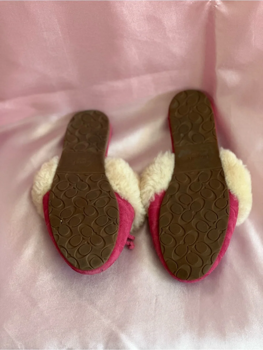 Coach CARRA signature C monogram embossed fur trim slide slippers